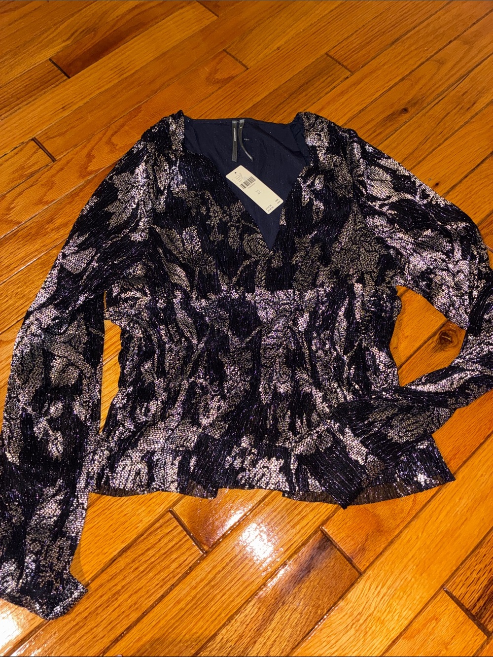 Anthropologie navy & silver foil top